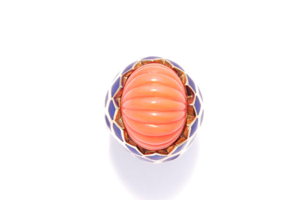 Enameled Coral and Gold Cocktail Ring - Image 2