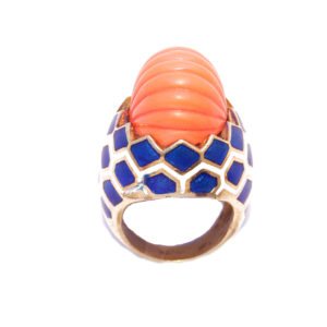 Enameled Coral and Gold Cocktail Ring