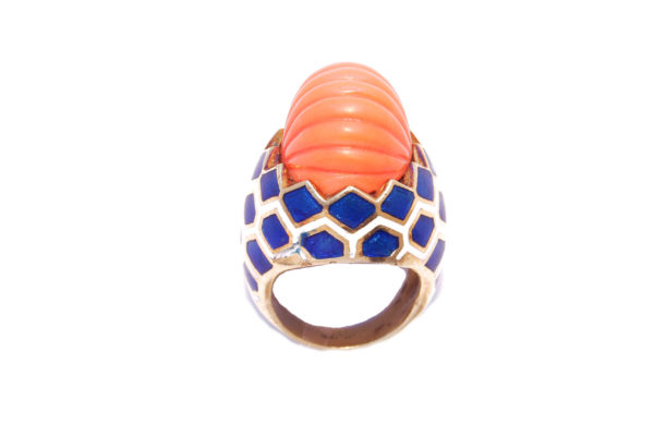 Enameled Coral and Gold Cocktail Ring