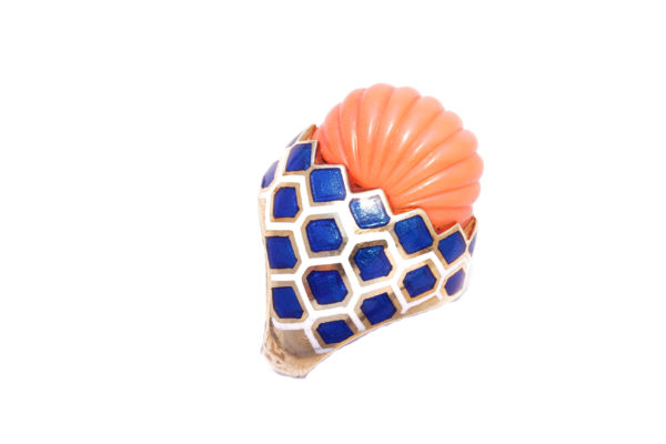 Enameled Coral and Gold Cocktail Ring - Image 5