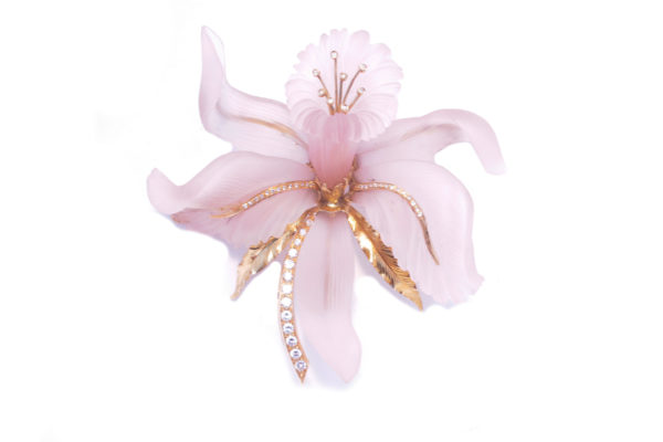 Large Pink Quartz Flower Brooch
