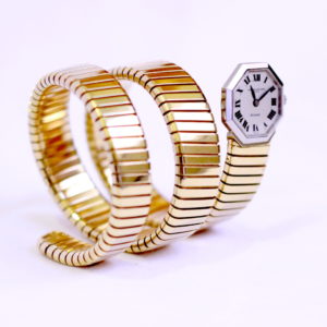 Bulgari Lady's Yellow and White Gold Tubogas Bracelet Watch circa 1967