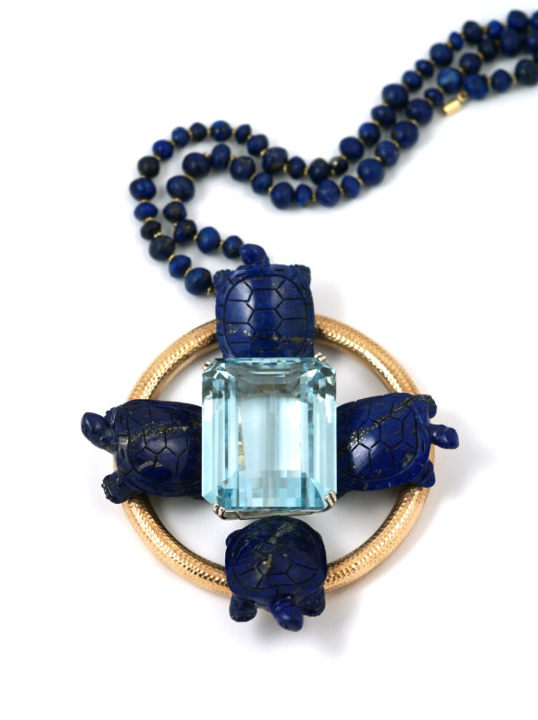 Impressive Aqua and Lapis Pendant Necklace - Image 2