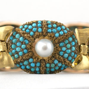 Old Buccellati Turquoise and Pearl Bow Bracelet