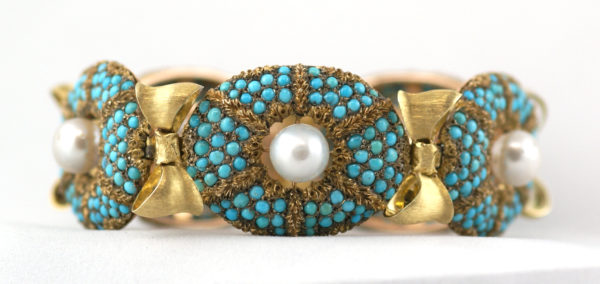 Old Buccellati Turquoise and Pearl Bow Bracelet
