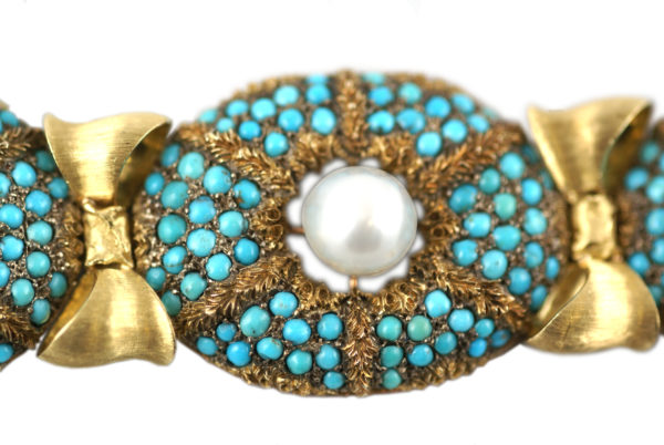 Old Buccellati Turquoise and Pearl Bow Bracelet - Image 3