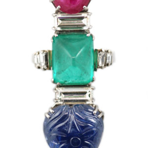 Important Emerald, Ruby & Carved Sapphire Ring