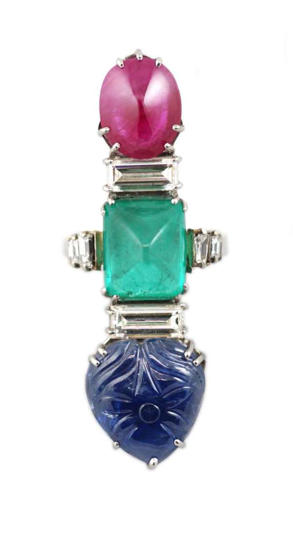 Important Emerald, Ruby & Carved Sapphire Ring