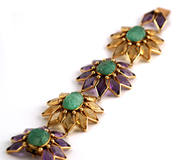 Chunky Citrine, Amethyst, & Carved Emerald Bracelet