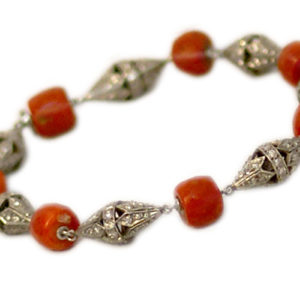 Art Deco Coral Bead and Diamond Bracelet