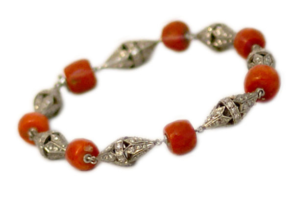 Art Deco Coral Bead and Diamond Bracelet