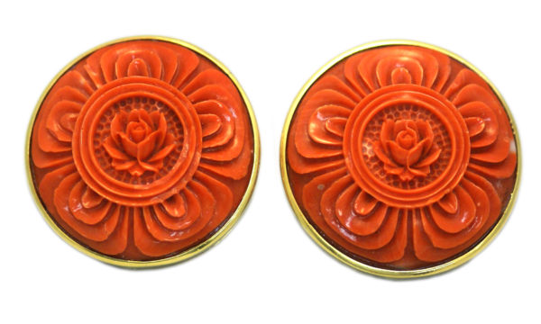 Neapolitan Carved Coral Gold Ear Clips