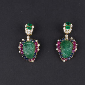 Carved Emerald Gemstone Gold Foliate Ear Pendants