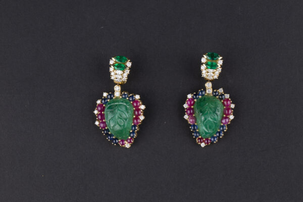 Carved Emerald Gemstone Gold Foliate Ear Pendants