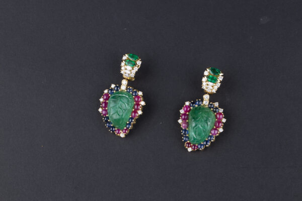 Carved Emerald Gemstone Gold Foliate Ear Pendants - Image 2