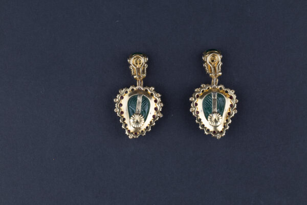 Carved Emerald Gemstone Gold Foliate Ear Pendants - Image 3