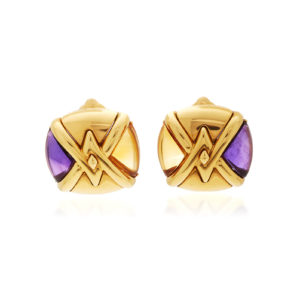 Bulgari Geometrical Citrine Amethyst Gold Ear Clips