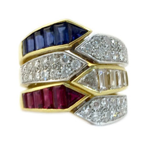 Triple Sapphire Ruby Diamond gold Ring Combination