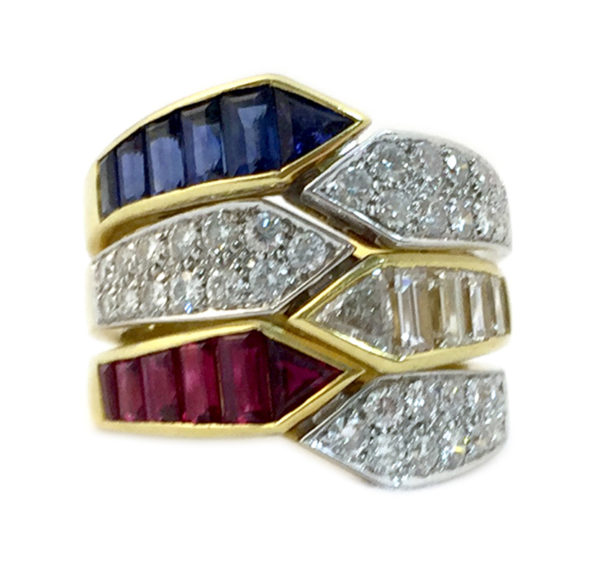 Triple Sapphire Ruby Diamond gold Ring Combination