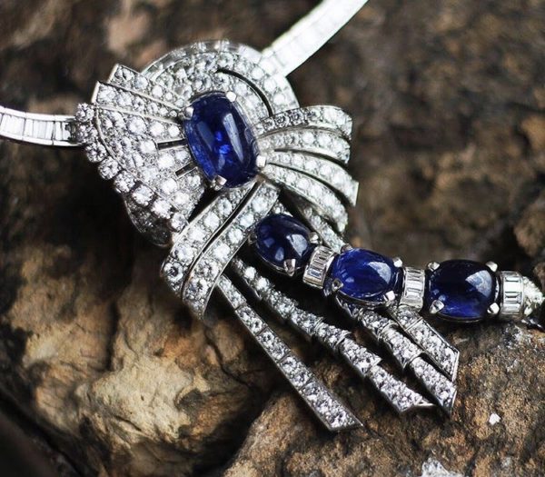 French Diamond & Cabochon Sapphire Necklace - Image 5