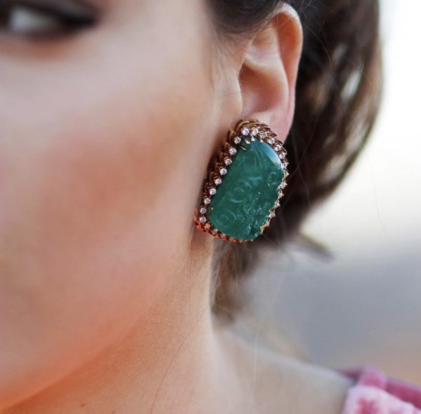 Impressive Carved Emeralds & Diamond Earclips - Image 3