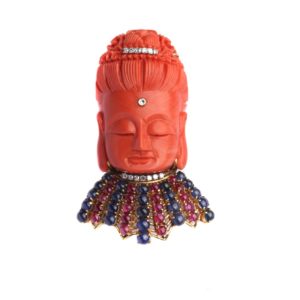 A Coral and Gem-Set Buddha Brooch/Pendant
