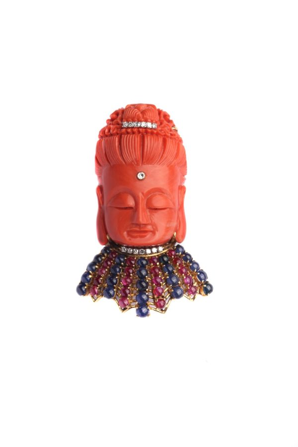 A Coral and Gem-Set Buddha Brooch/Pendant