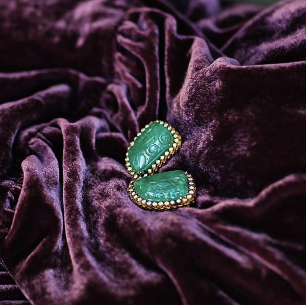 Impressive Carved Emeralds & Diamond Earclips - Image 2