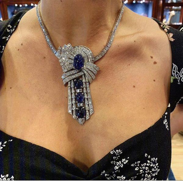 French Diamond & Cabochon Sapphire Necklace - Image 6