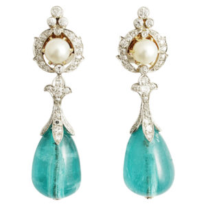 Emerald, Natural Pearls and Diamond Platinum Earrings