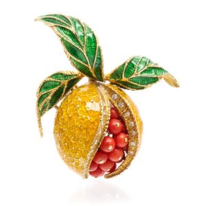 Coral & Enamel Pomegranate Brooch