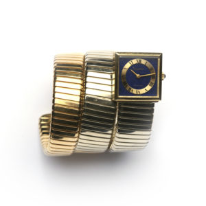 Bulgari Lady's Yellow Gold Lapis Dial Tubogas Bracelet Wristwatch