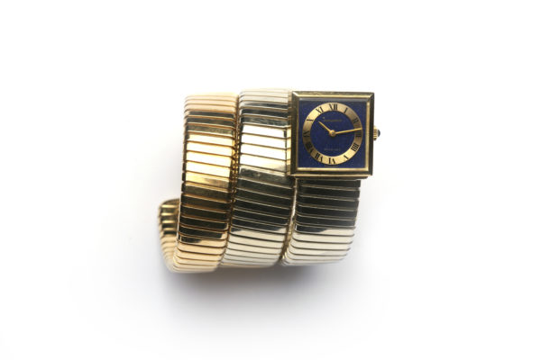 Bulgari Lady's Yellow Gold Lapis Dial Tubogas Bracelet Wristwatch