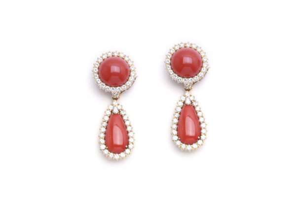 Red Coral & Diamond Ear Pendants