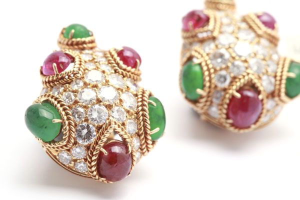 Van Cleef Emeralds, Rubies & Diamond Ear Clips