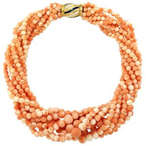 Nine Strand Gold, Coral Bead and Enamel Torsade Necklace by Bulgari
