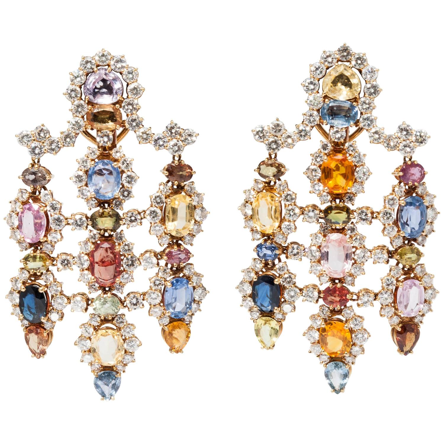 Spectacular Multicolor Sapphires Diamonds Chandelier Earrings Spectacular Multicolor Sapphires Diamonds Chandelier Earrings