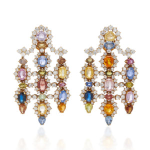 Spectacular Multicolor Sapphires & Diamonds Chandelier Earrings