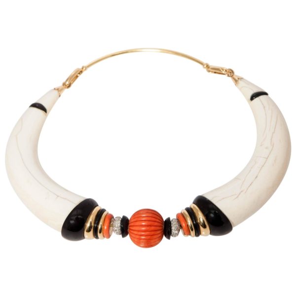 Coral Onyx Diamond Bone Gold Necklace