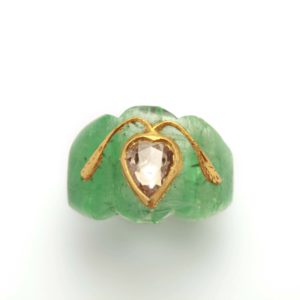 Indian Carved Emerald & Diamond Ring
