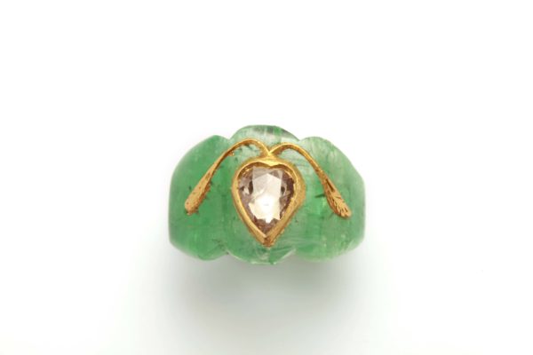 Indian Carved Emerald & Diamond Ring