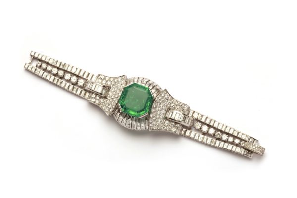 Important Art Deco French Emerald and Diamond Bracelet