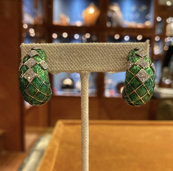 Green Enamel & Diamond Ear Hoops - Image 2