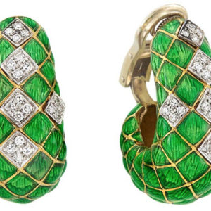 Green Enamel & Diamond Ear Hoops