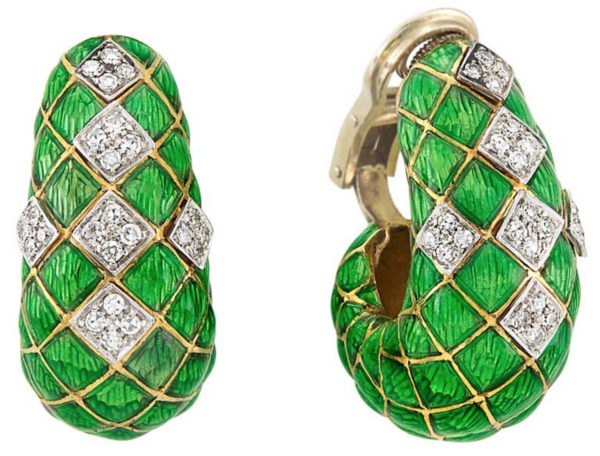 Green Enamel & Diamond Ear Hoops
