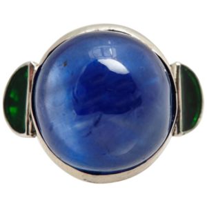 Cabochon Burma Sapphire & Emerald Platinum Ring