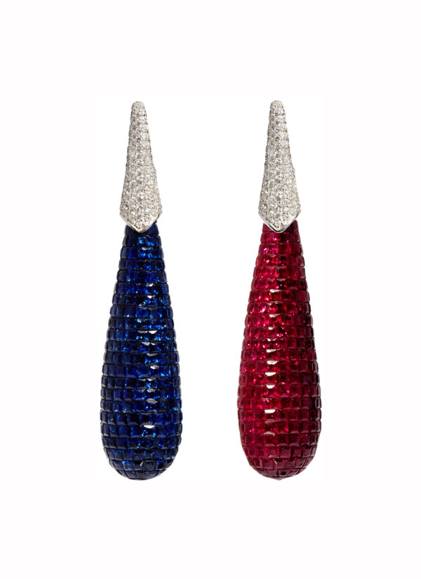 Impressive Invisible Set Sapphire & Ruby Ear Pendants