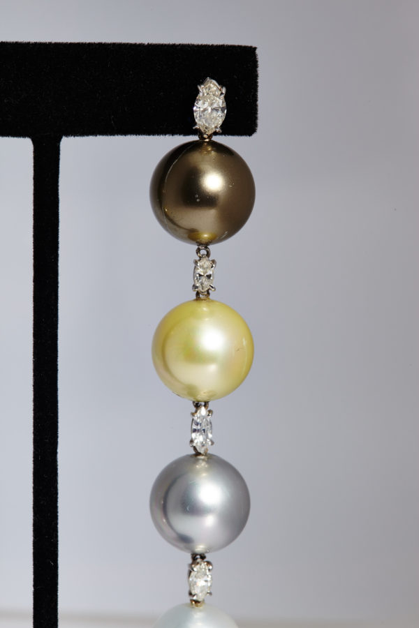 1980s Impressive Multi-Color Pearl & Diamond Ear Pendants - Image 2
