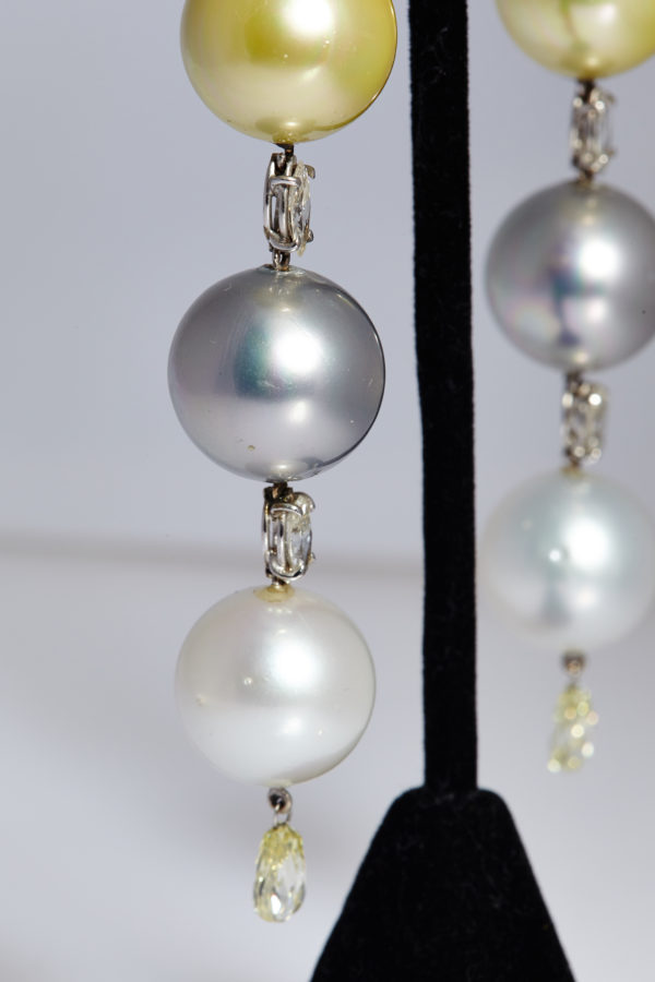 1980s Impressive Multi-Color Pearl & Diamond Ear Pendants - Image 3