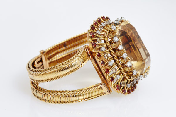 1950s Pierre Sterle Retro Citrine Garnets Diamonds Gold Bracelet - Image 2